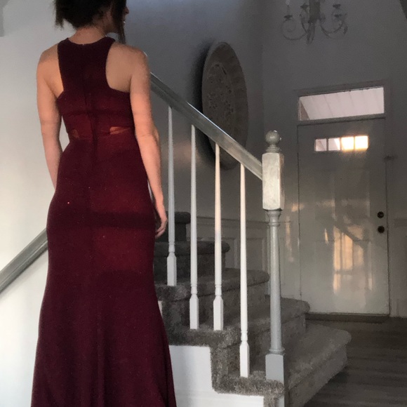 Deep Red Mesh Cut Out Formal Dress - Picture 4 of 11